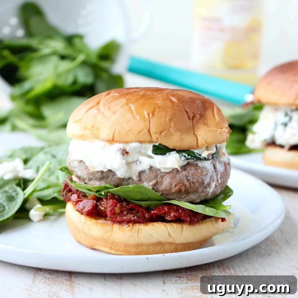 Spinach Artichoke Turkey Burgers plated with crispy fries and a fresh salad