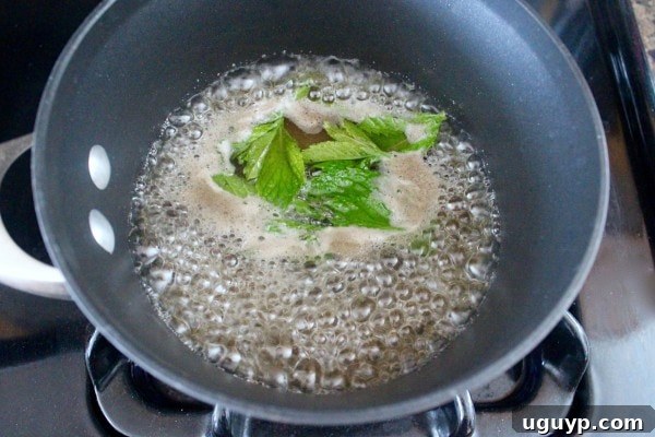 Simple syrup with mint leaves in a saucepan