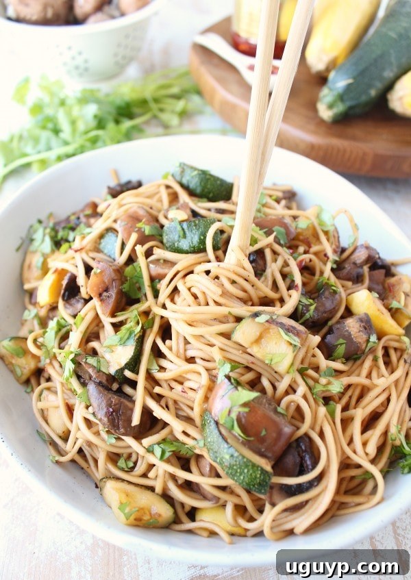 Flavorful Grilled Vegetable Lo Mein dish served in a bowl, perfect for a summer dinner