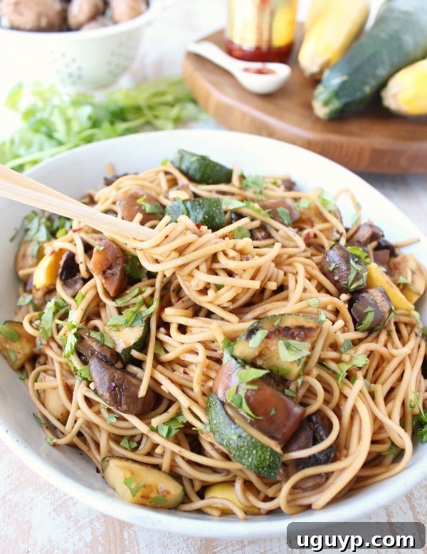 Close-up of chopsticks picking up a portion of Grilled Vegetable Lo Mein from a bowl