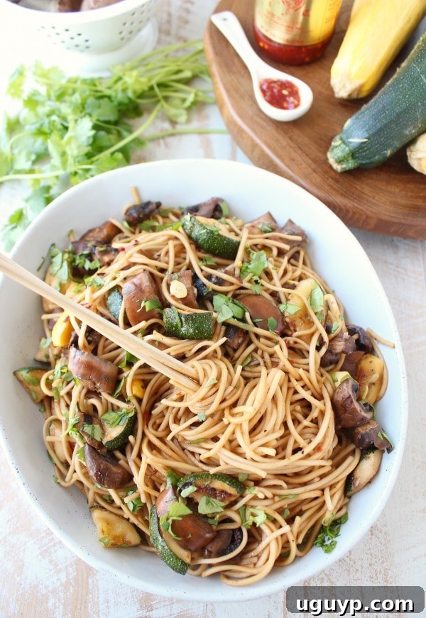 Finished Grilled Vegetable Lo Mein dish, served in a large bowl with chopsticks, ready to eat