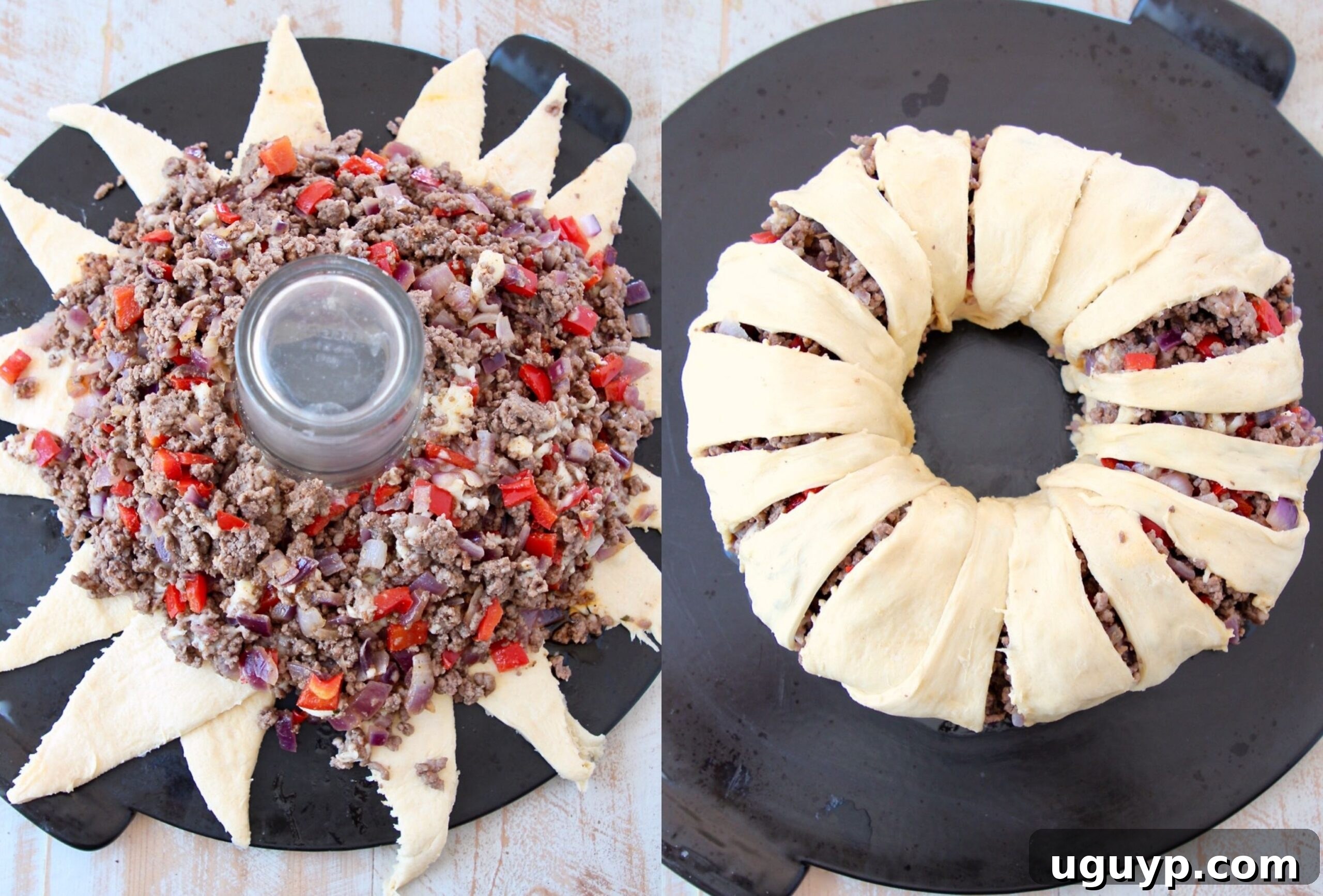 A collage of six step-by-step images demonstrating the process of making a ground beef taco ring, from cooking the filling to assembling the crescent roll dough and baking it to a golden finish.