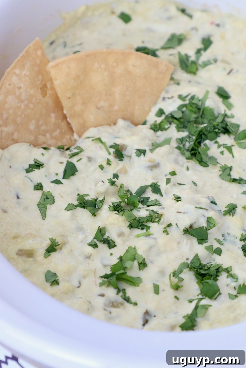 Creamy queso blanco dip in slow cooker with tortilla chips ready for serving