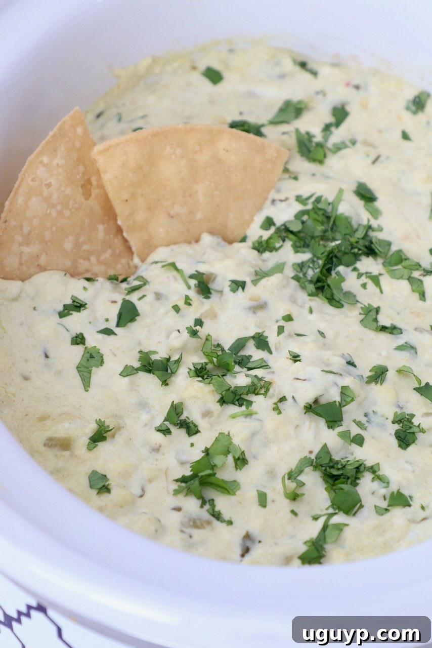 Close-up of white queso dip in a crock pot topped with fresh cilantro, with tortilla chips dipped in