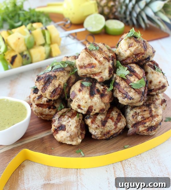 Delicious Caribbean Jerk Chicken and Pork Meatballs Recipe with Grilled Pineapple and Bell Peppers
