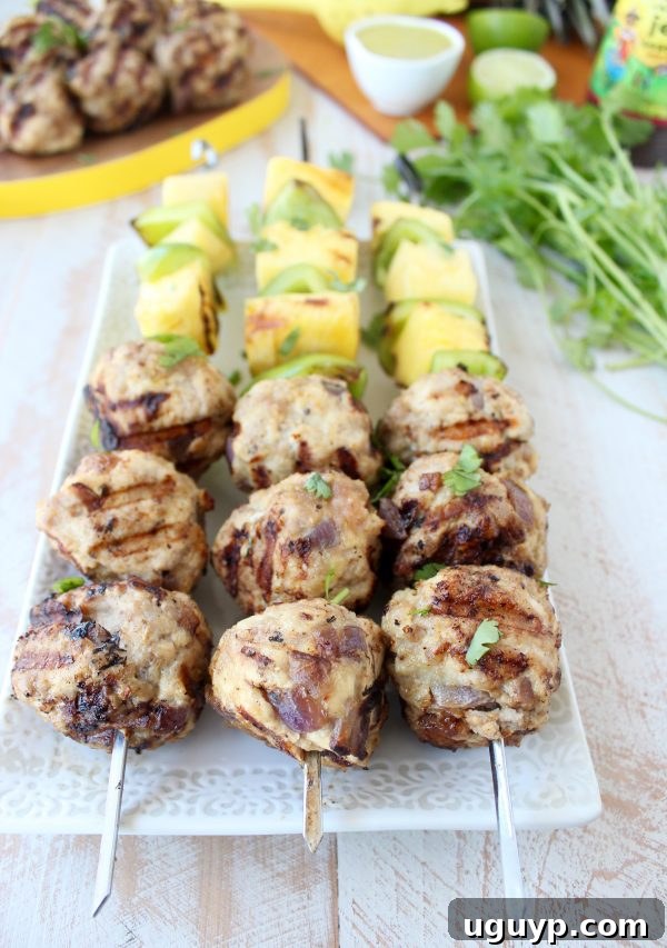 Ready-to-Serve Jerk Chicken and Pork Meatball Skewers with Tropical Fruit