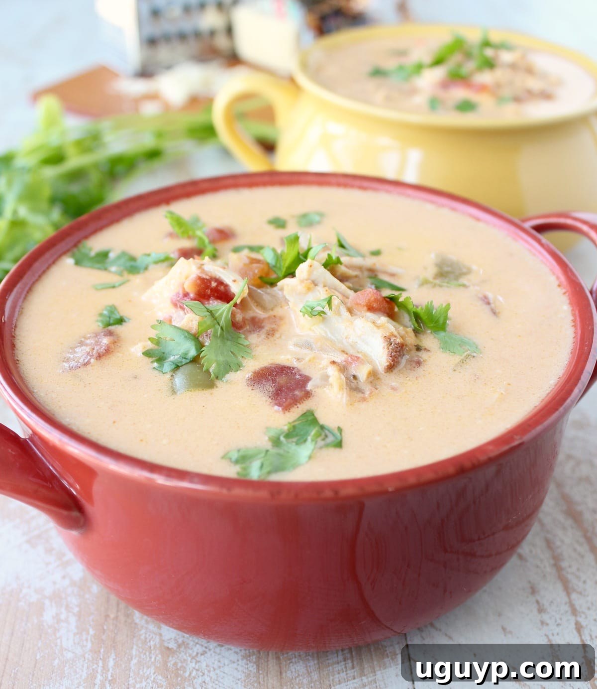 A red bowl on a wooden surface filled with Cheesy Turkey Taco Soup, garnished with fresh cilantro and a dollop of sour cream.
