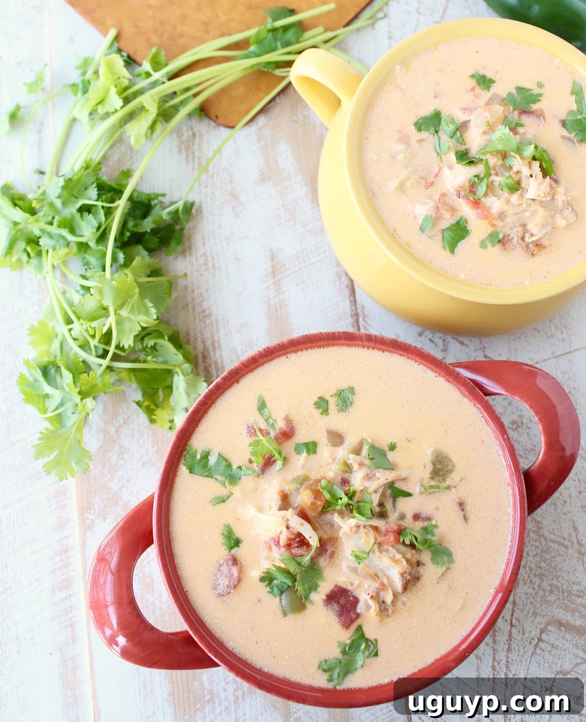 Two bowls of cheesy turkey taco soup on a wooden surface, garnished with fresh cilantro and a lime wedge.