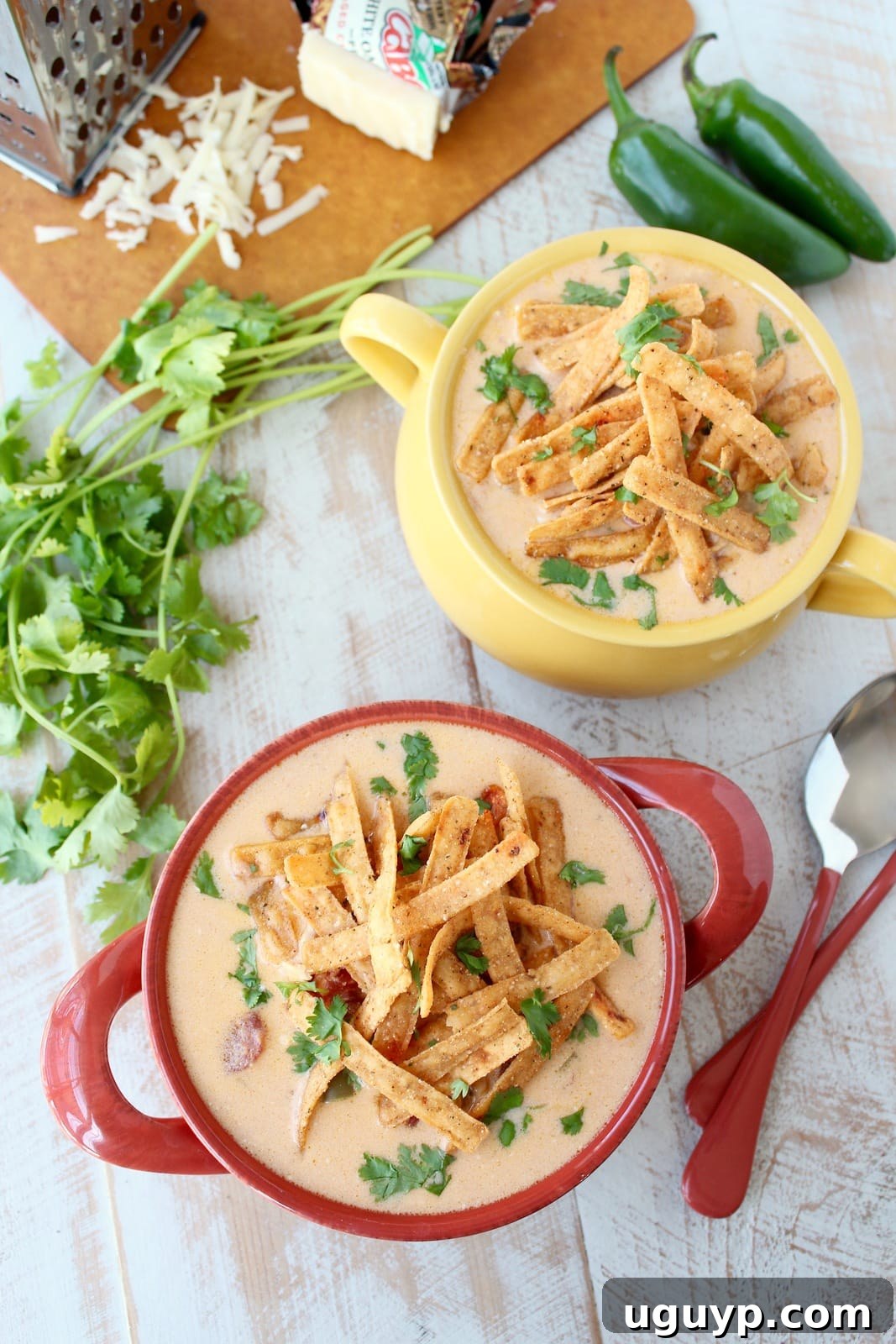 Two bowls of cheesy taco soup on a wooden surface next to two spoons and fresh cilantro, inviting for a comforting meal.
