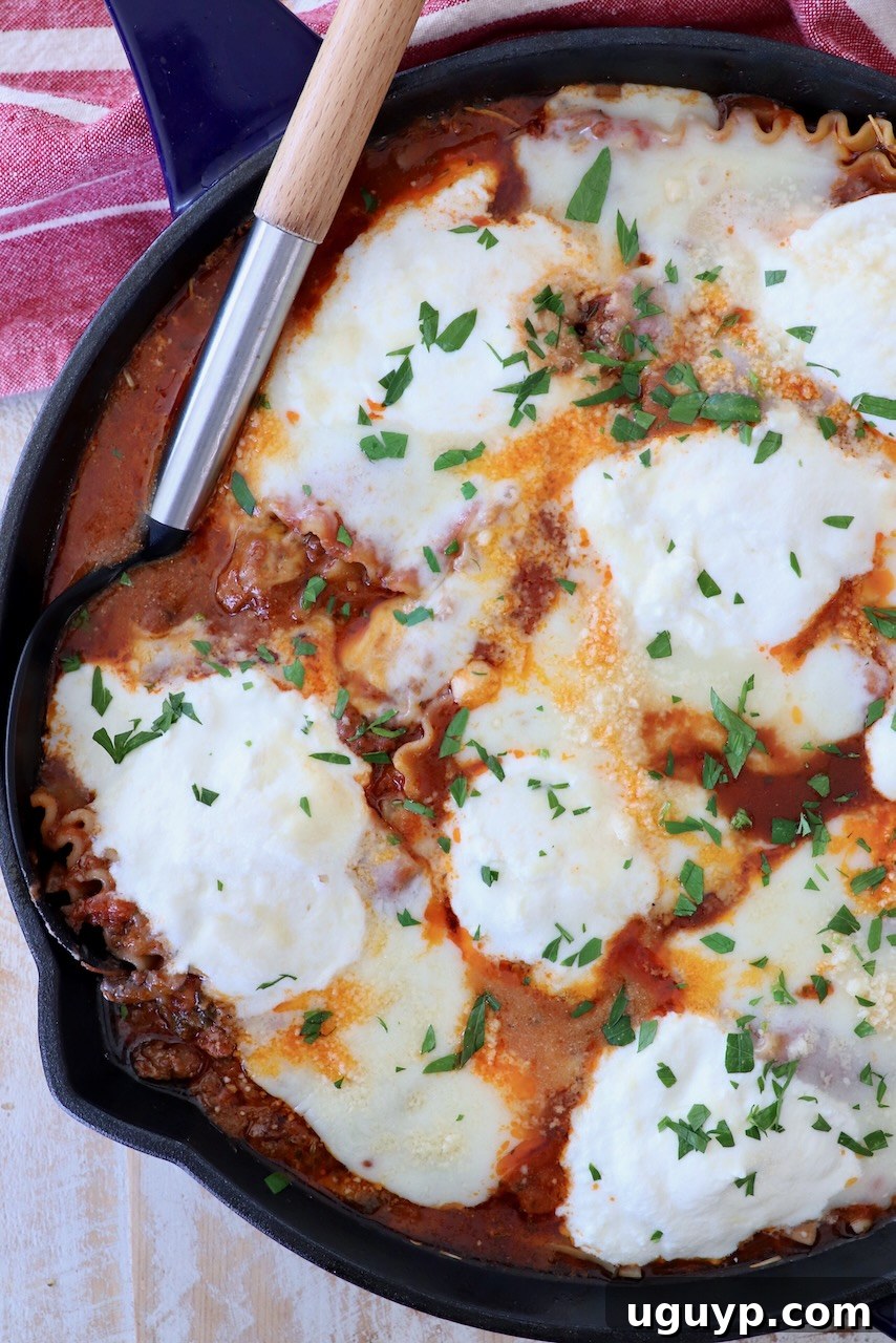 Delicious one pot lasagna served directly from a cast-iron skillet, showcasing layers of pasta, meat sauce, and melted cheese, ready to be enjoyed.