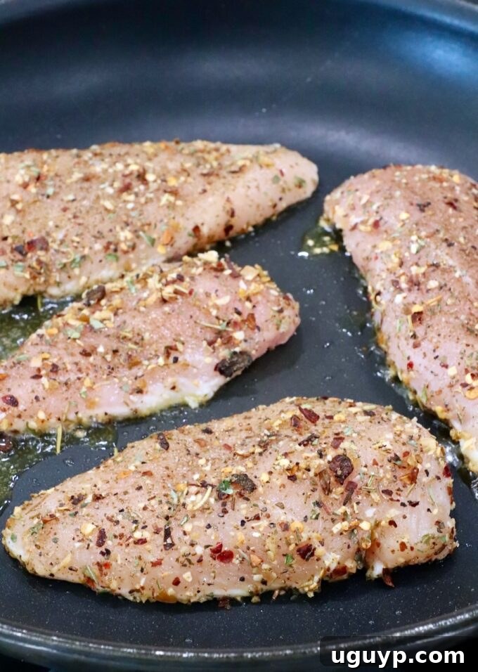 raw seasoned chicken breasts in a skillet