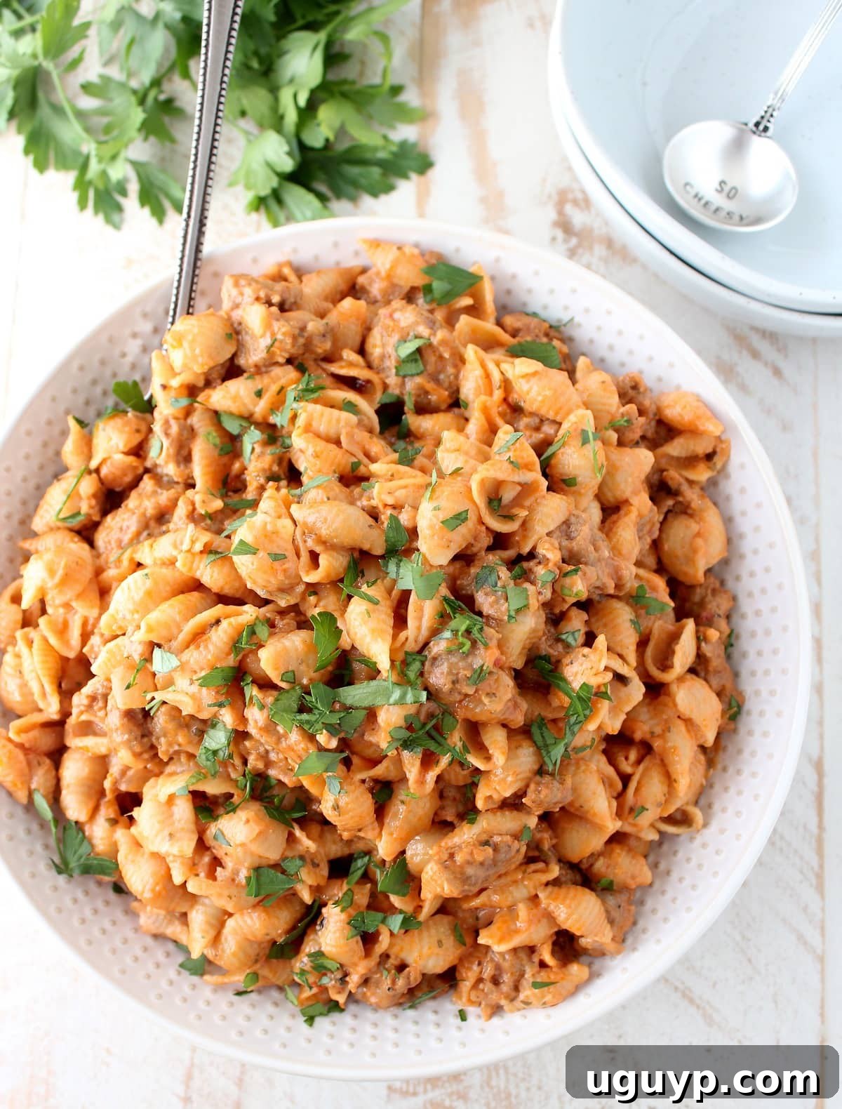 Cooked pasta shells in a cheesy sauce with sausage in a bowl topped with fresh chopped parsley