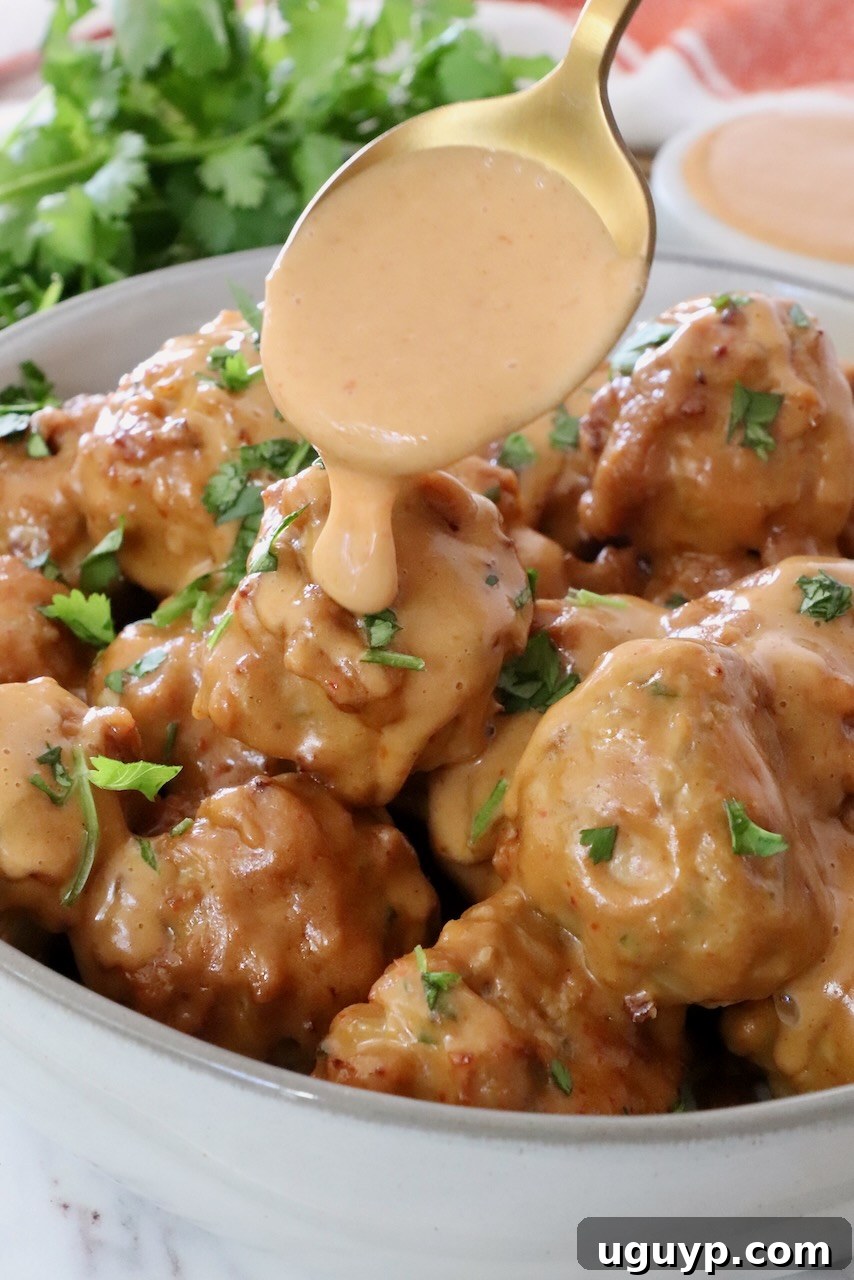 Delicious Thai Turkey Meatballs drizzled with creamy peanut sauce in a bowl, ready to serve.