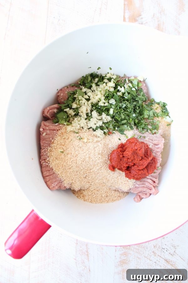 Ground turkey mixed with fresh herbs, red curry paste, and panko breadcrumbs in a large stainless steel mixing bowl.