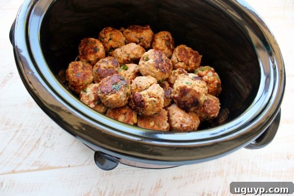 Uncooked turkey meatballs carefully placed inside a slow cooker, before adding sauce.