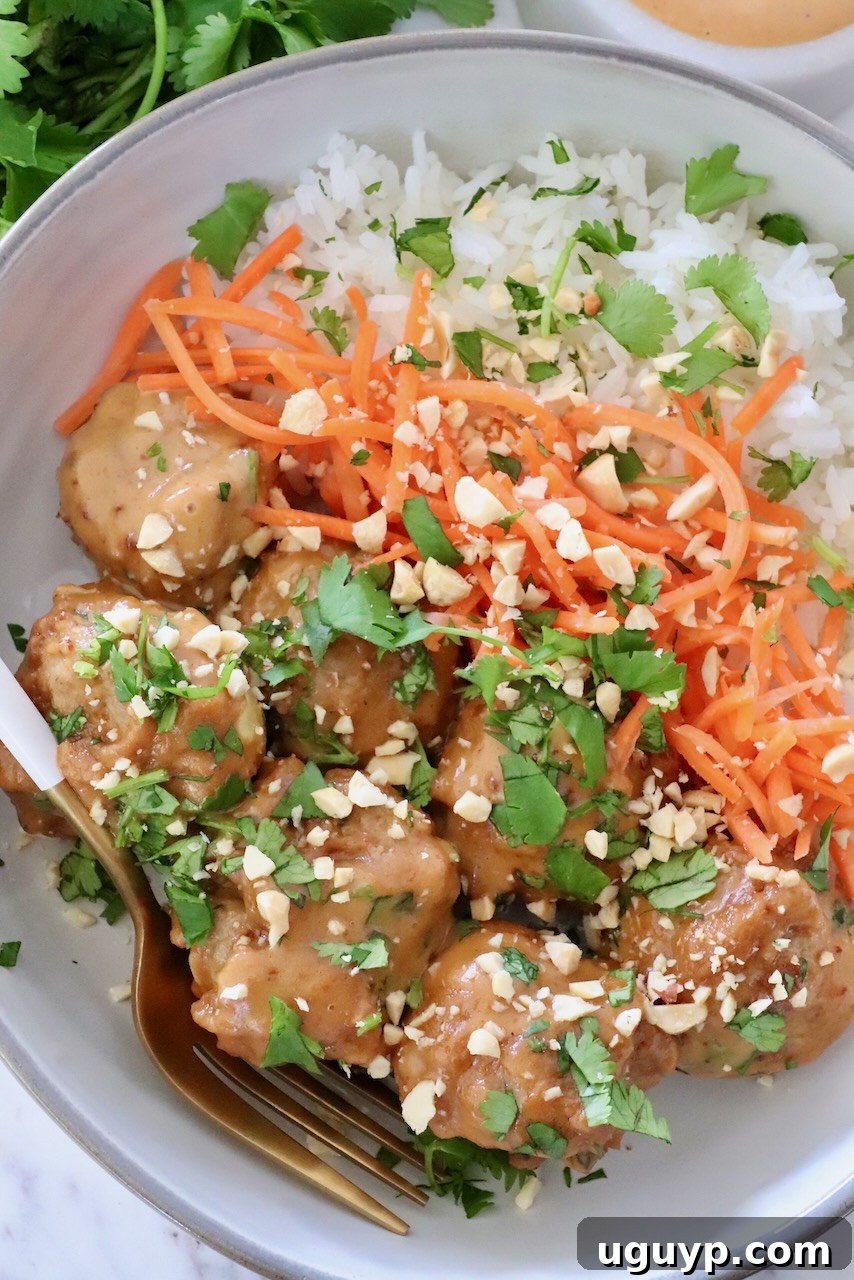 A vibrant bowl of Thai Turkey Meatballs served over fluffy white rice, garnished with shredded carrots and fresh cilantro, and drizzled with peanut sauce.