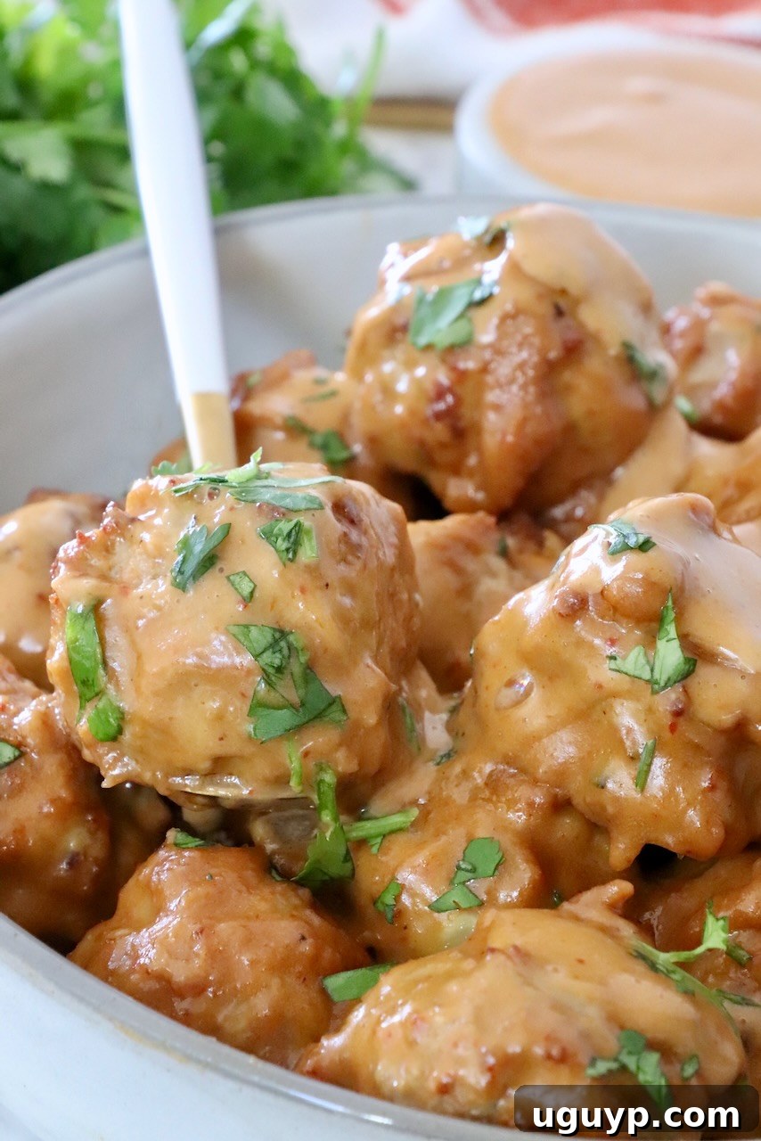 A serving of Thai Turkey Meatballs in a bowl with a spoon, generously covered in creamy peanut sauce, ready to be enjoyed.