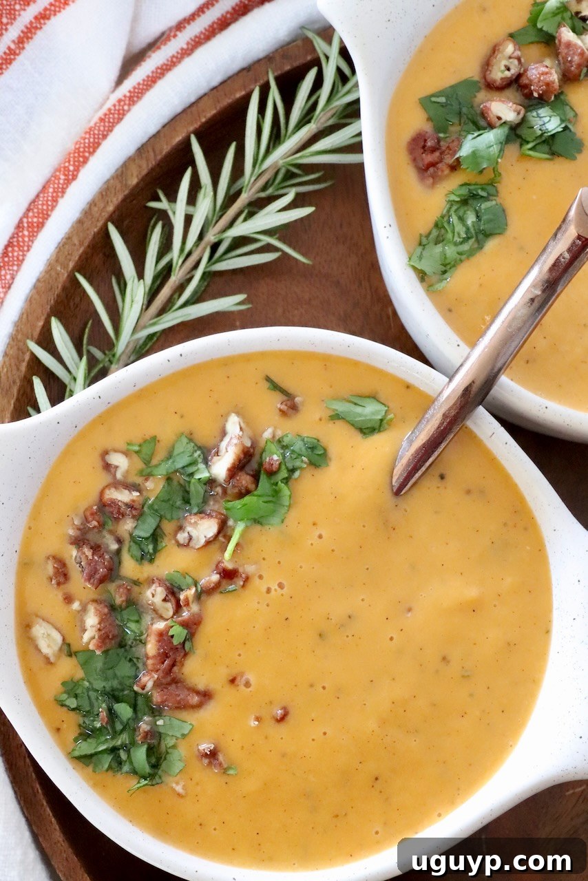 Two bowls of creamy sweet potato soup garnished with fresh herbs and a spoon, ready to be enjoyed.