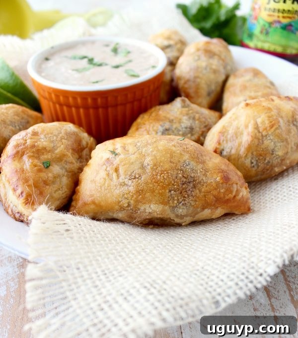 A plate full of golden Jamaican Jerk Beef Patties, garnished and ready for serving.