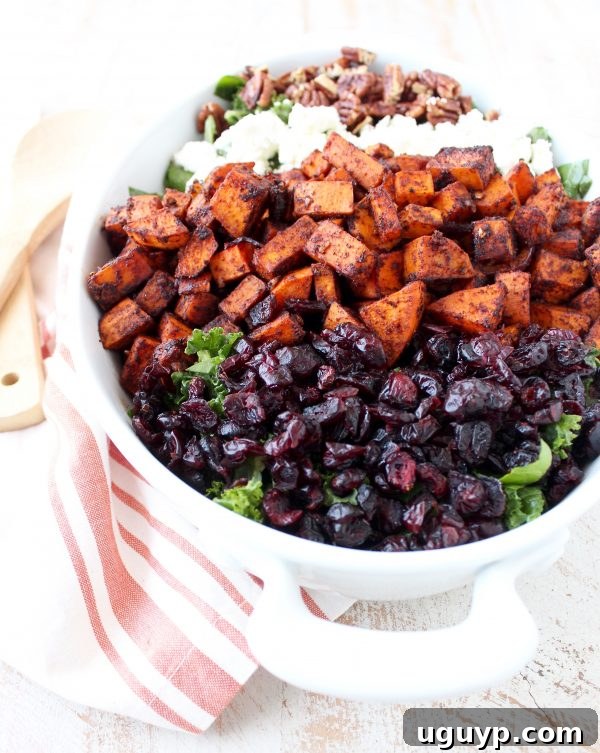 A colorful bowl of Chili Roasted Sweet Potato & Cranberry Salad, ready to be tossed.