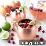 A vibrant Cranberry Apple Moscow Mule Punch in a small copper mug, garnished with cranberries and apples, representing the festive drink.