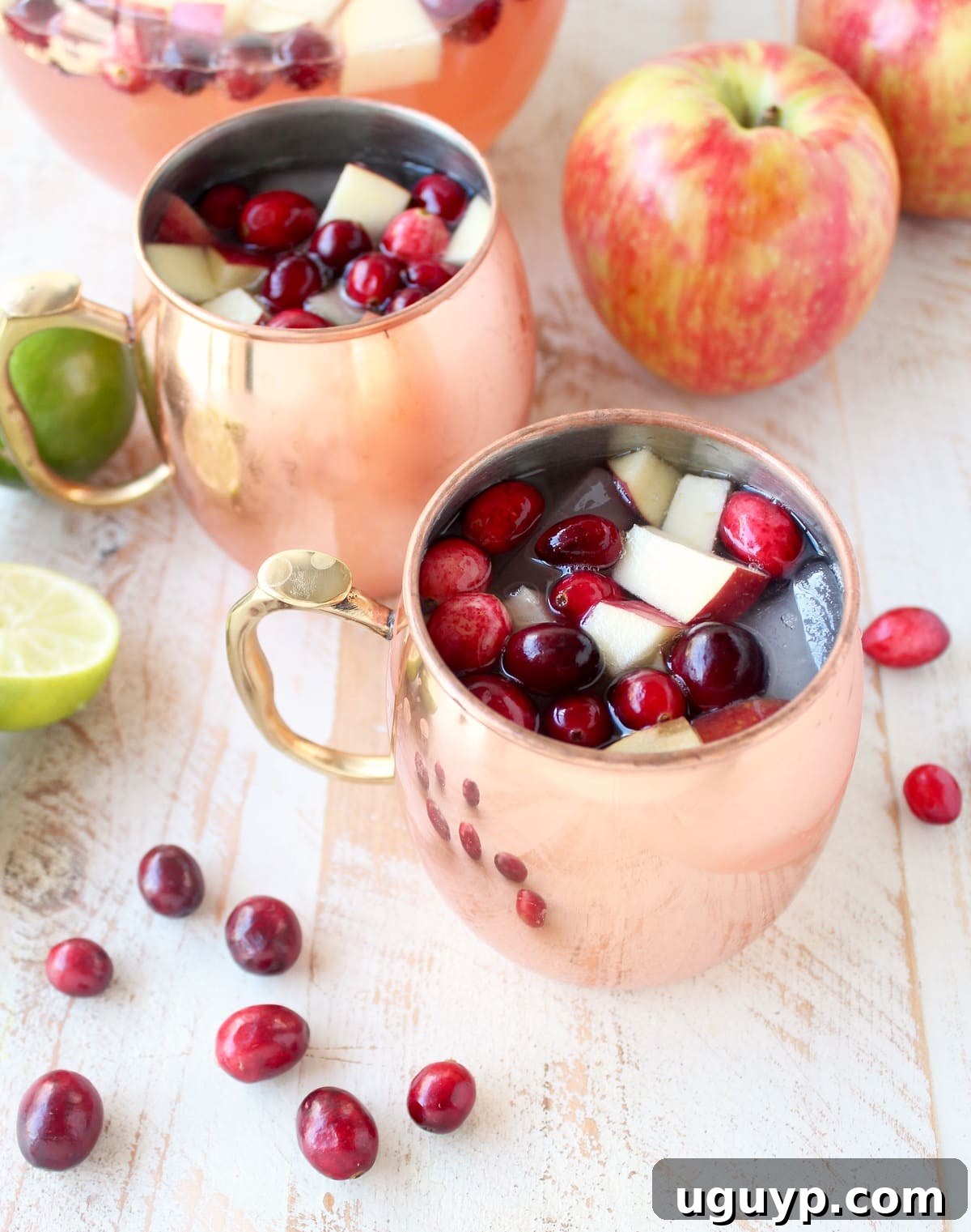 Two copper mugs brimming with cranberry apple Moscow Mules, garnished with fresh cranberries and diced apples, set against a festive background.