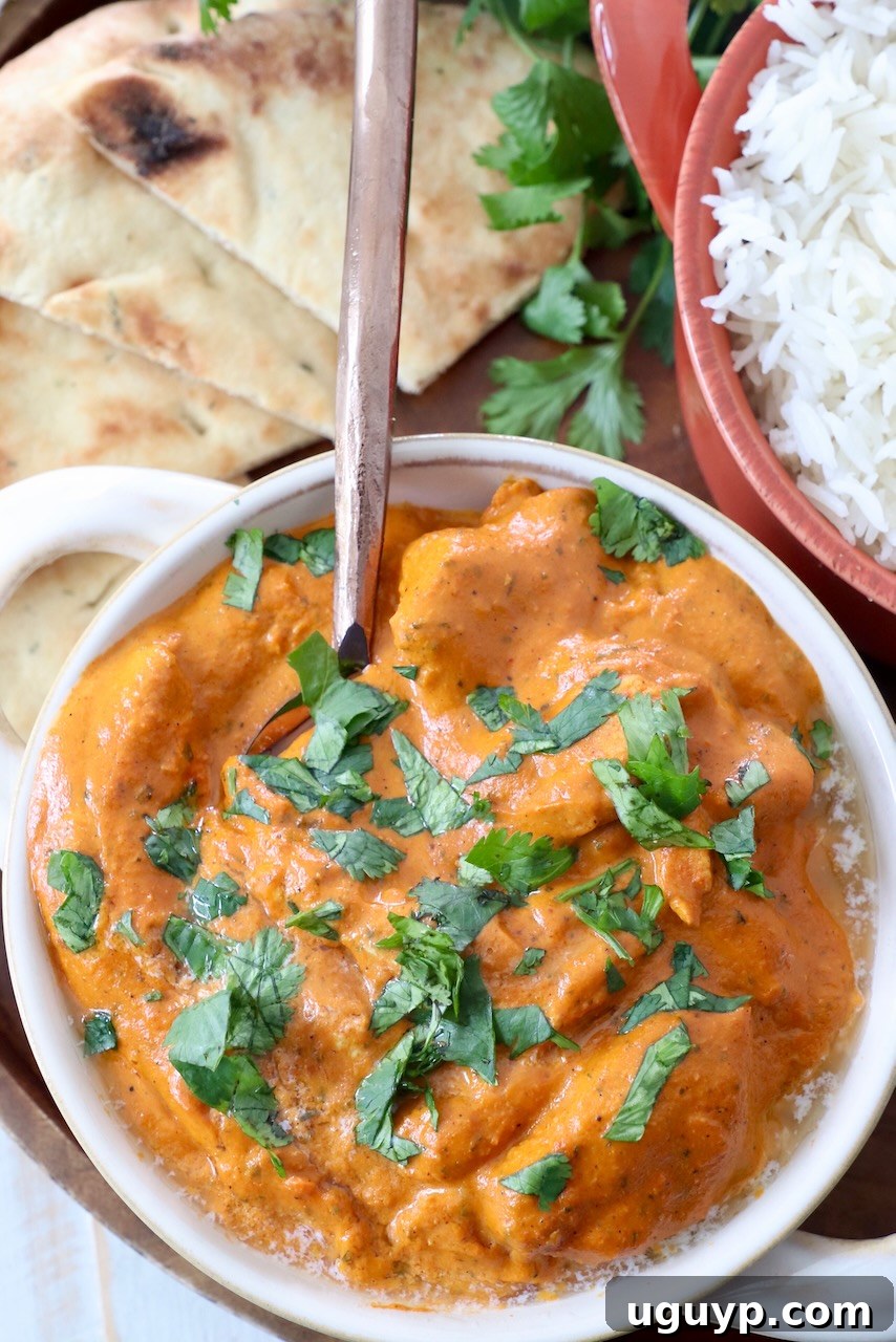 prepared butter chicken in bowl with spoon