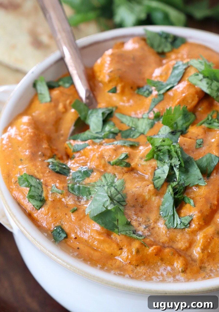 chicken makhani in white bowl with spoon