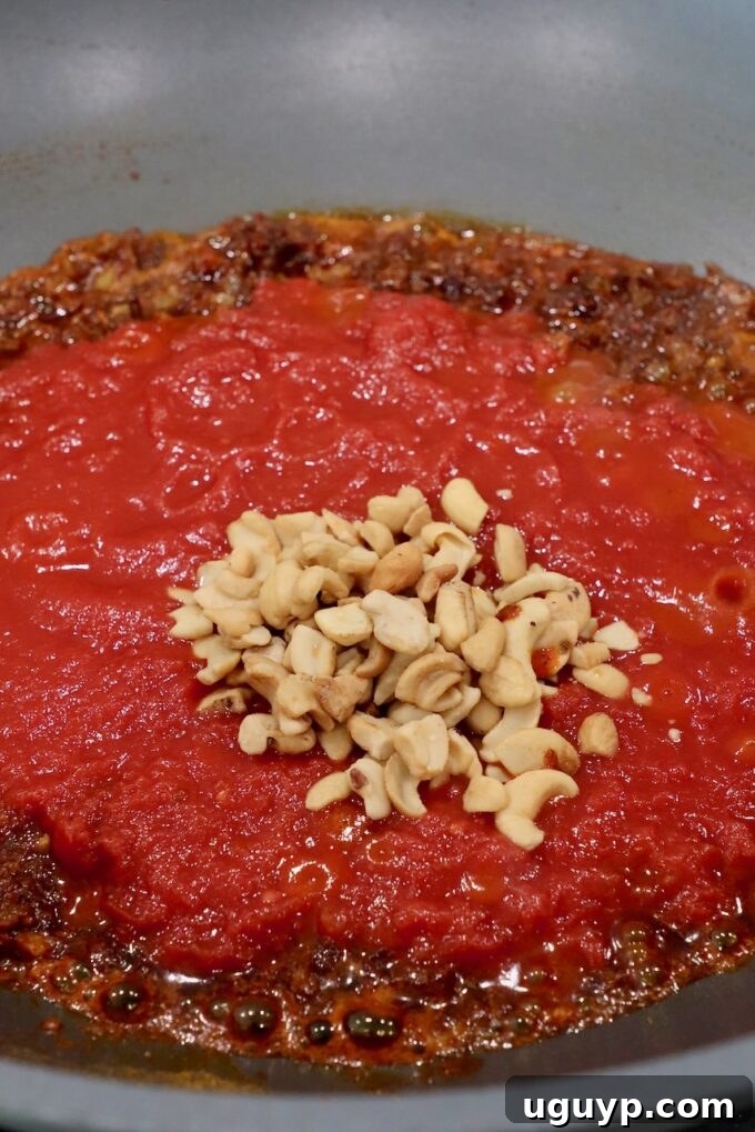 cashews and tomatoes with spices in large skillet