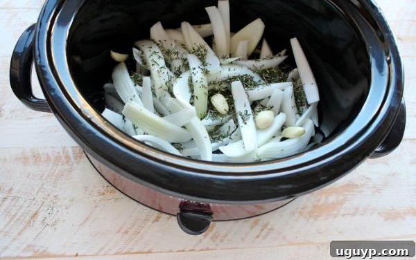 Sliced onion, garlic cloves, and fresh rosemary forming the base layer in a slow cooker.