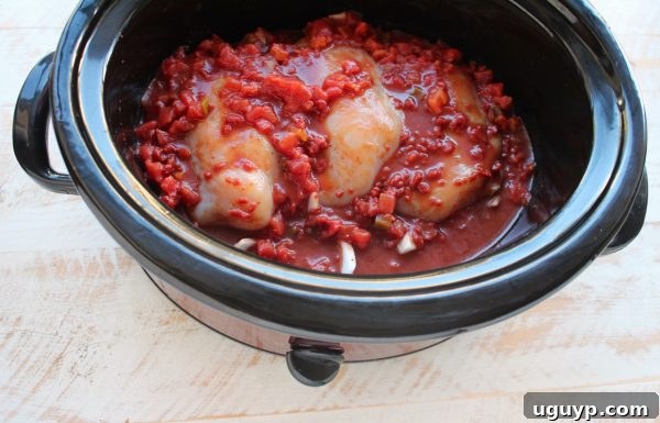 Raw chicken covered in a vibrant red sauce, including diced tomatoes, in a slow cooker before cooking.