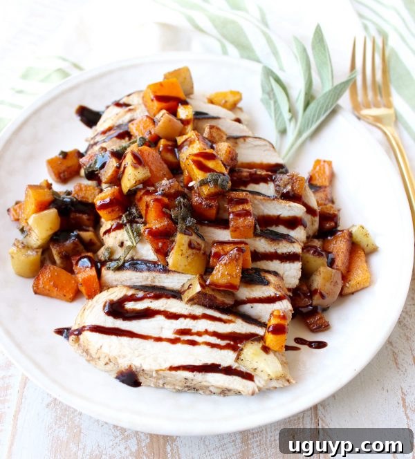An overhead shot of a serving of Butternut Squash Apple Bruschetta Grilled Chicken, highlighting the fresh ingredients and elegant plating.