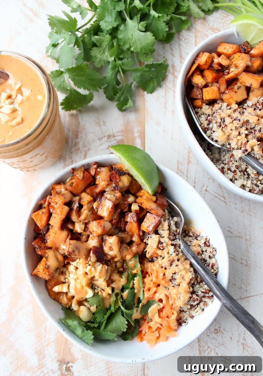 Overhead view of two wholesome buddha bowls, showcasing vibrant roasted sweet potatoes, fluffy quinoa, and fresh vegetables, all beautifully drizzled with creamy Thai peanut sauce for a balanced meal.