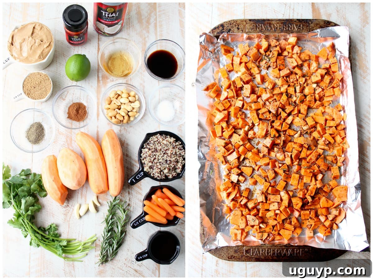 A collection of fresh ingredients for the sweet potato buddha bowl recipe, including raw sweet potatoes, quinoa, and cilantro, displayed alongside diced sweet potatoes prepared on a baking sheet.