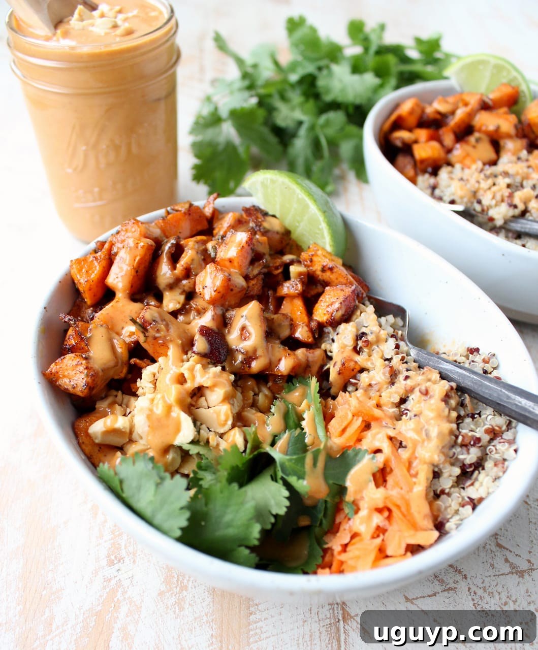 Close-up shot of a single buddha bowl, highlighting the perfectly roasted diced sweet potatoes, fluffy quinoa, and the rich, creamy Thai peanut sauce beautifully drizzled over the colorful components.