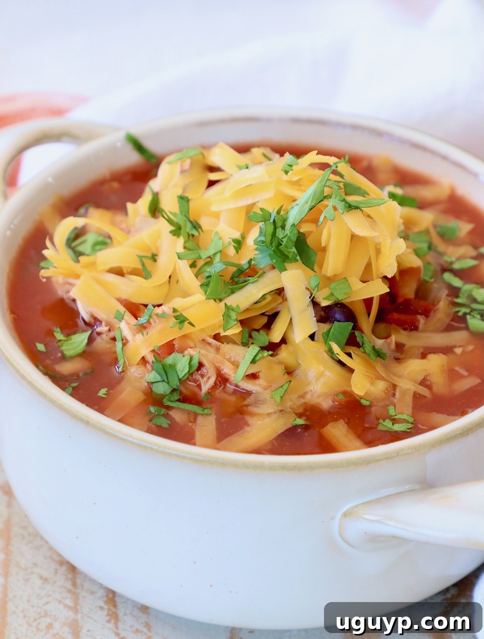 Delicious chicken enchilada soup served in a white bowl, generously topped with shredded cheddar cheese, ready to be enjoyed on a cold day.