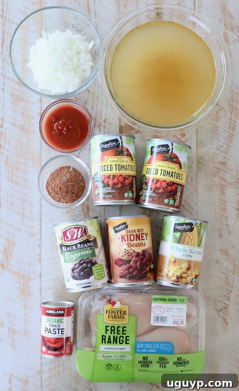 Fresh ingredients for Slow Cooker Chicken Enchilada Soup, including chicken, canned beans, corn, tomatoes, onions, and spices, neatly arranged on a white wooden board.
