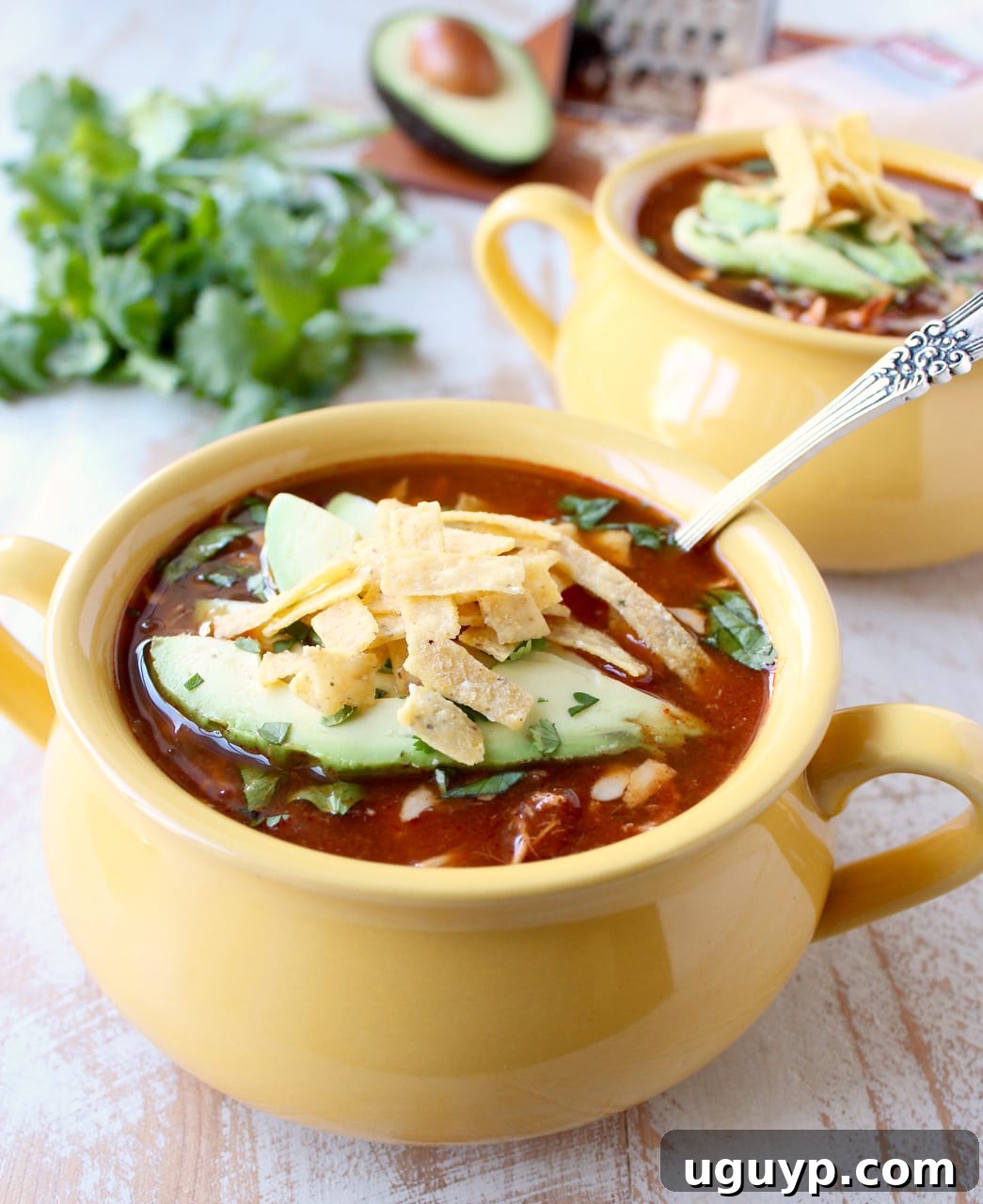 A vibrant yellow bowl of chicken enchilada soup, artfully garnished with fresh avocado slices and crispy tortilla strips, with a second bowl softly blurred in the background.