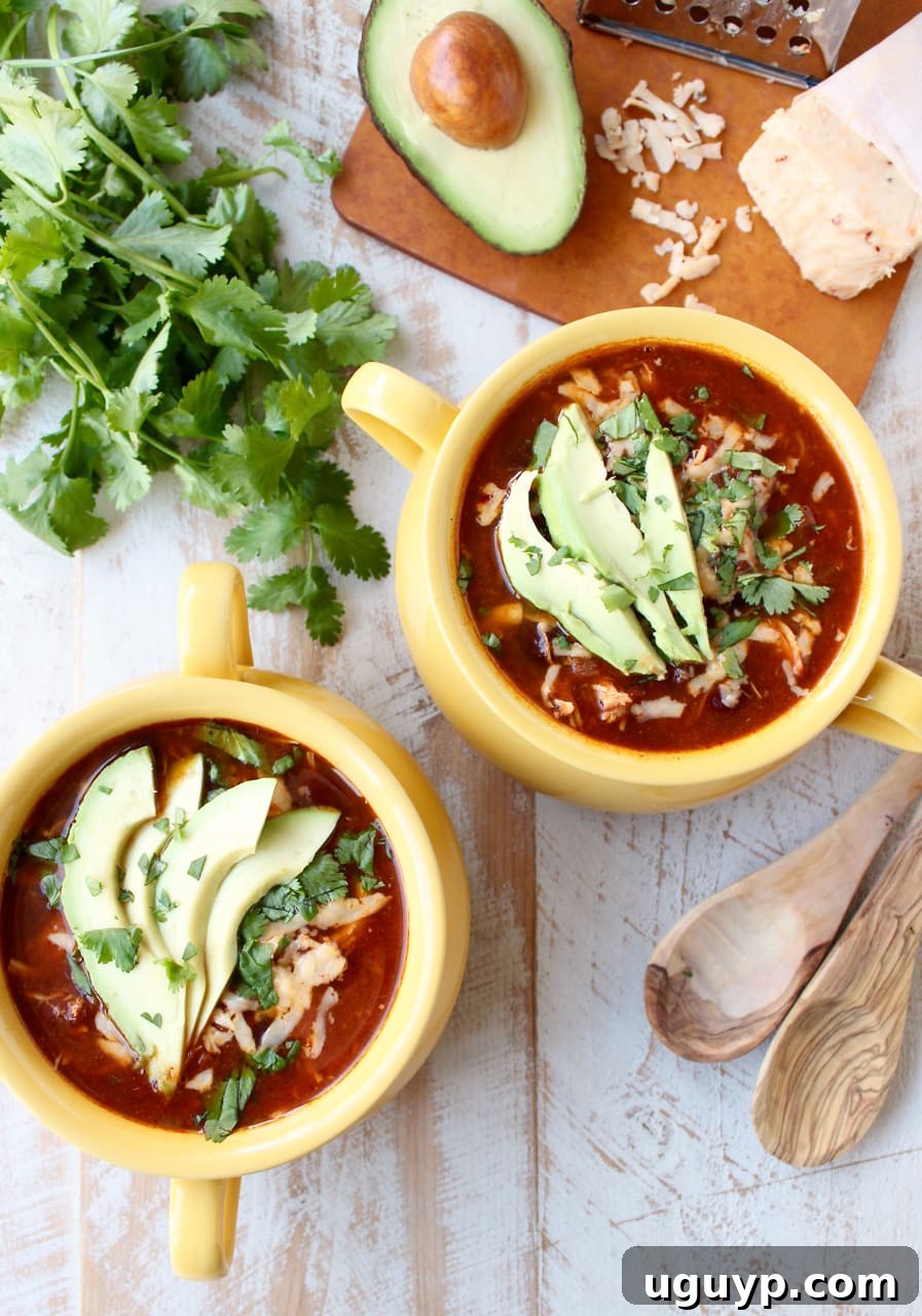 An inviting top-down view of two yellow bowls filled with delicious enchilada soup, beautifully garnished with fresh avocado slices and bright green cilantro.