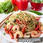 Teriyaki shrimp, fresh veggies and lo mein noodles are combined in this easy one pot recipe, made in under 30 minutes, perfect for weeknight dinners!