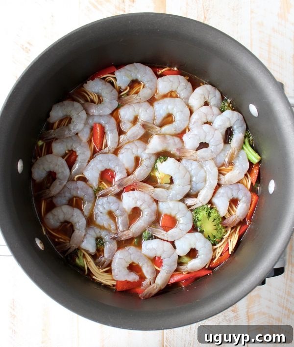 uncooked shrimp in a large pot on top of noodles and vegetables