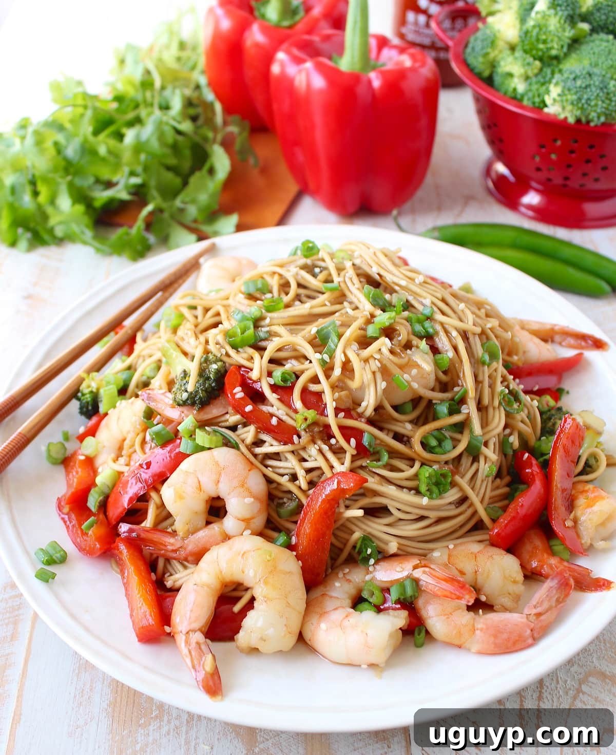 noodles tossed with shrimp, vegetables and teriyaki sauce on a plate