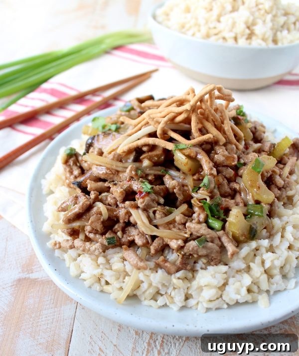 A large serving of Pork Chop Suey, featuring savory pork and colorful vegetables on a bed of rice.