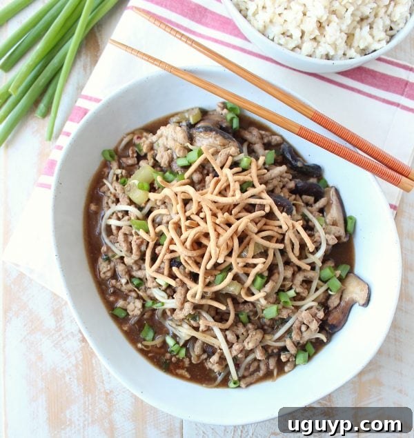A beautifully plated bowl of Pork Chop Suey with rice and crispy noodles, garnished with fresh herbs.