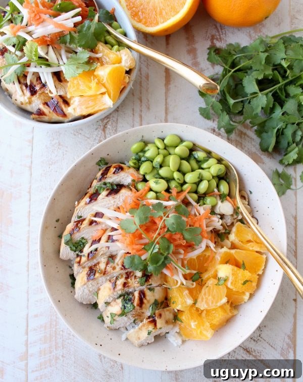 Sesame ginger marinated & grilled chicken tops these Healthy Asian Chicken Rice Bowls filled with oranges, almonds, veggies & tons of flavor!