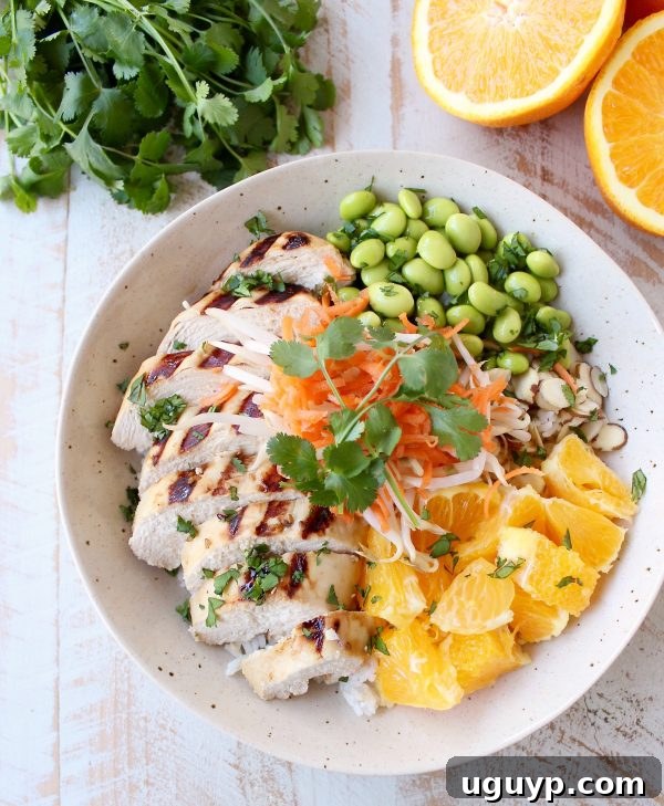 Sesame ginger marinated & grilled chicken tops these Healthy Asian Chicken Rice Bowls filled with oranges, almonds, veggies & tons of flavor!