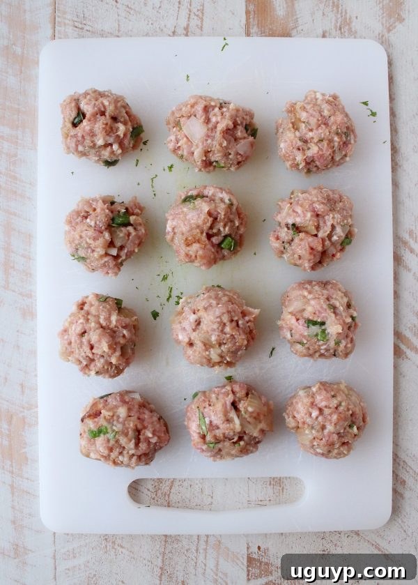 Formed meatballs on a plate.