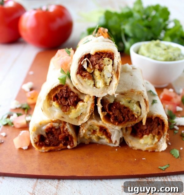 Close-up of baked Breakfast Taquitos, garnished with fresh cilantro and other toppings.