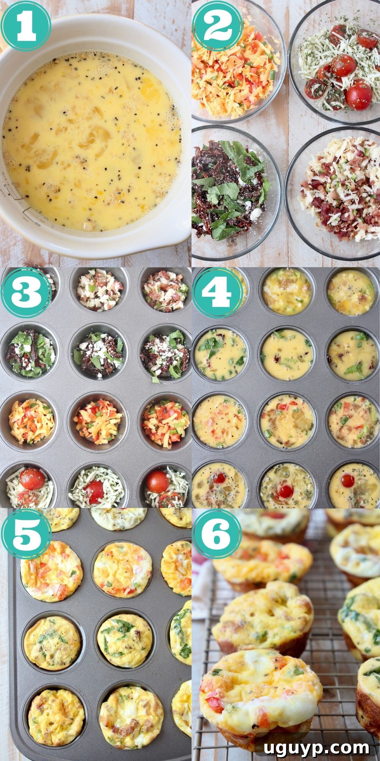A visual guide showing a collage of steps to prepare delicious egg muffins, from mixing ingredients to filling muffin tins.