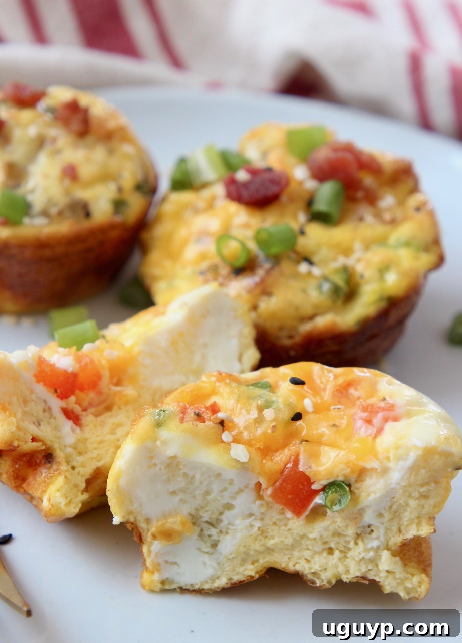 A single egg muffin, perfectly cut in half to reveal its fluffy texture and vibrant fillings, resting on a white plate.